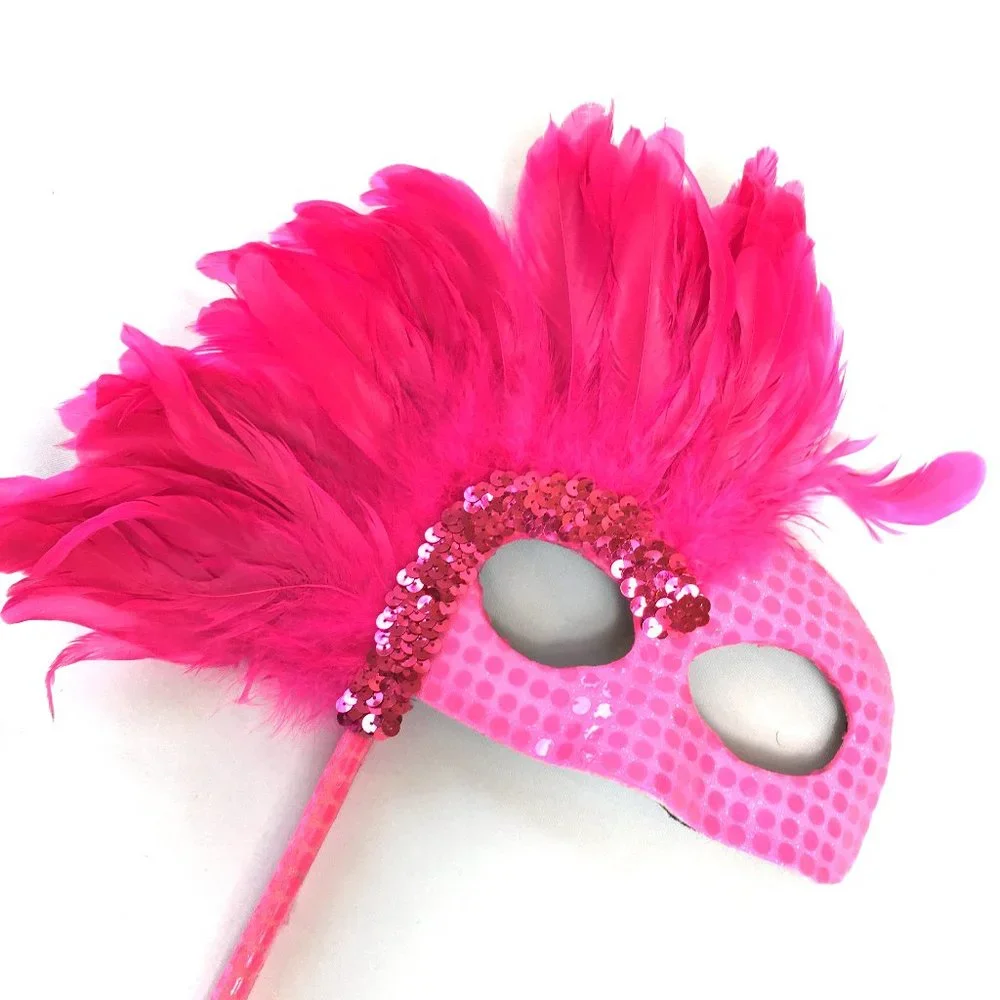 VENETIAN Mask Pink Sequin w Pink Feathers W/ Handle * NWOT NOS